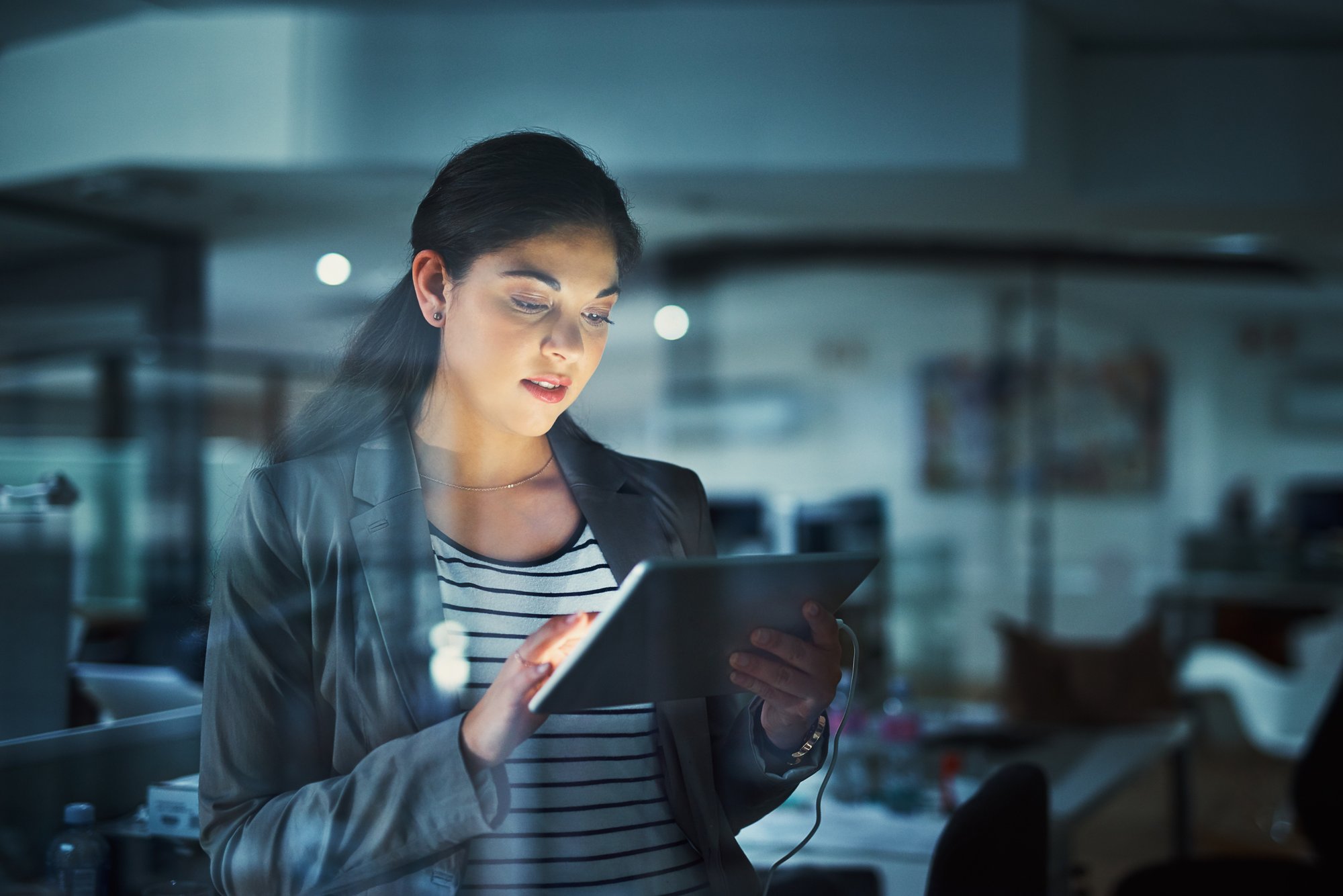 tablet-businesswoman-night-office-contact-schedule-research-company-technology-female-professional-online-workplace-communication-information-deadline